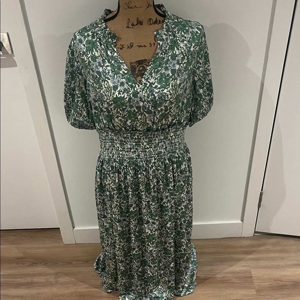 J. Crew Green and White Floral Midi Dress